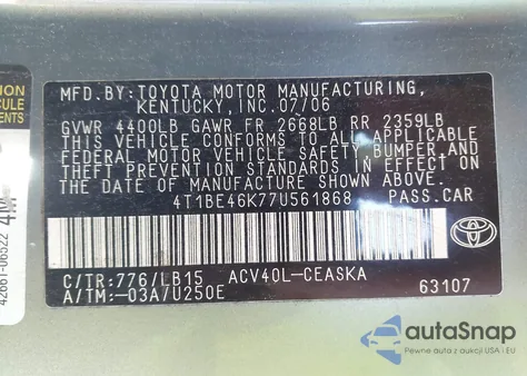 2007 Toyota Camry Se from USA, damaged, VIN 4T1BE46K77U561868